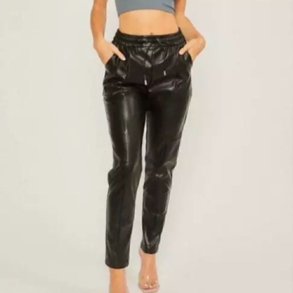 NWOT Love Tree Cognac Faux Leather Black Track Pants Joggers Size S